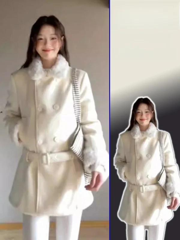 

Spring Autumn New Sle Women's plus Size Woolen Coat Double Row Buttons Waist Cinched Slimming Trendy Korean Straight Cut Ca...