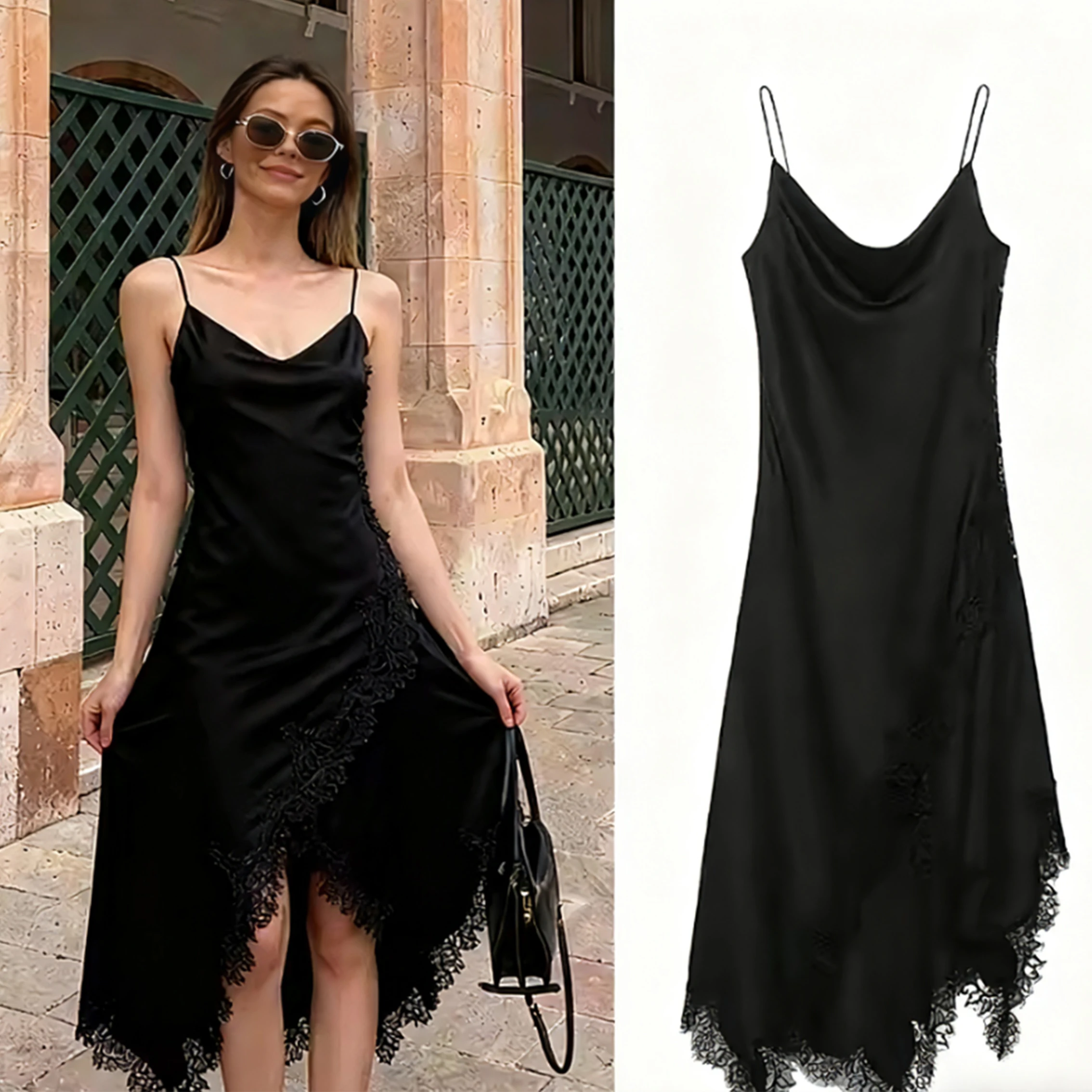 Women New Sexy Satin Lace Splice Halter Dresses Women Fall Fashion Solid Color V-Neck Dress Women Elegant Evening Party Skirts