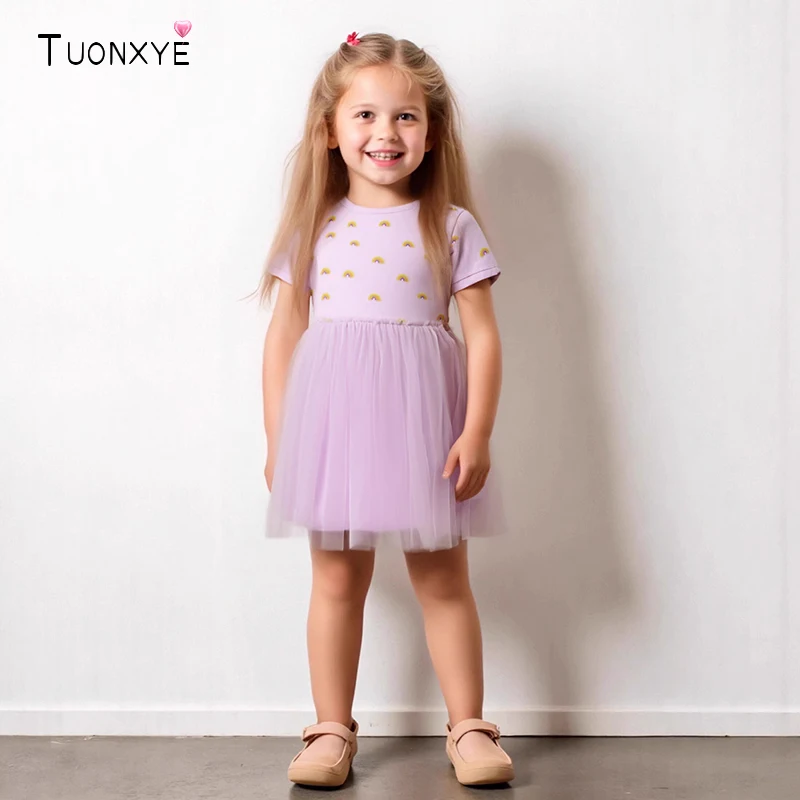TUONXYE Girl Beach Mesh Dresses Cartoon Rainbow 7 year Girls Clothes Summer Girls Short Sleeve Dress for Kids Party Dresses
