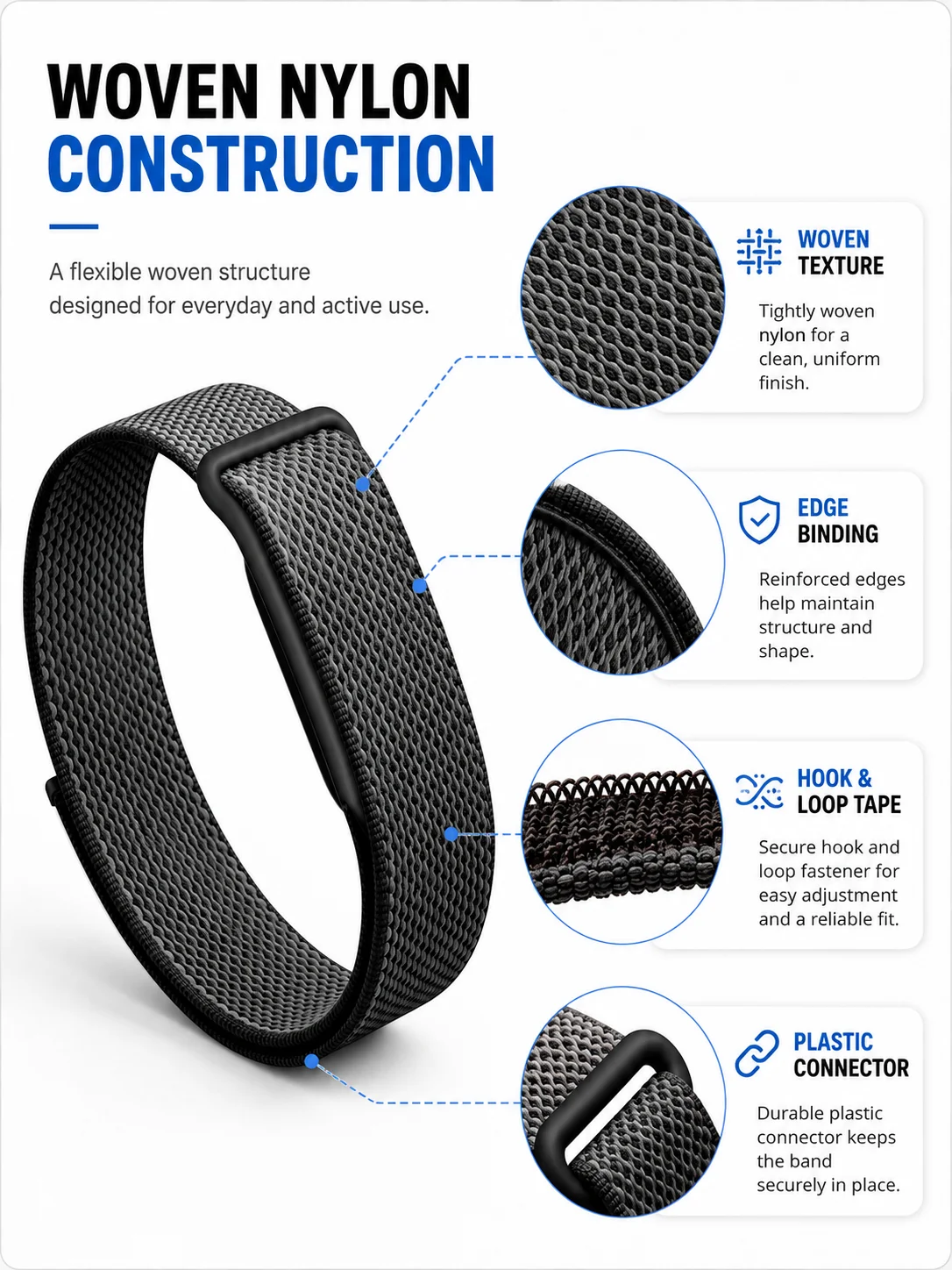 Individuelles Logo Nylon-Klettverschlussband Kompatibel mit Google Fitbit Air, OEM Gewebtes Ersatz-Armband, 3000 Stück Mindestbestellmenge – Detail 2