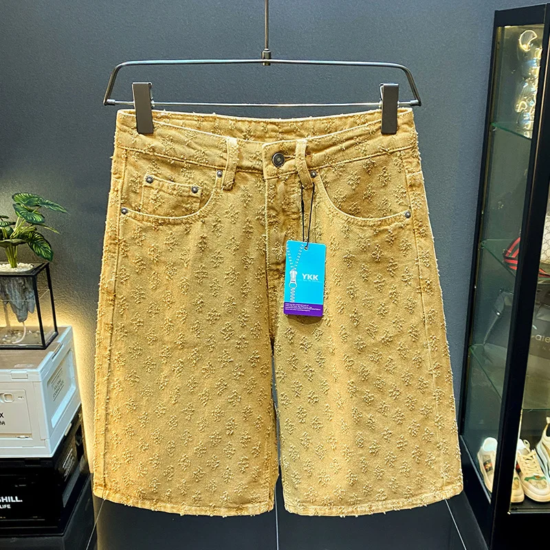 American High Street Fashion Brand Embroidered Ripped Denim Shorts Loose Straight Cut Casual Jeans Men Women Five-Point Pants