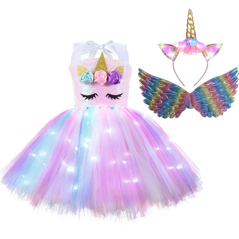 Christmas Girls Unicorn Mermaid Costume with LED Light Tutu Dress with Wings Kids Ballet Ball Cosplay for Birthday Party