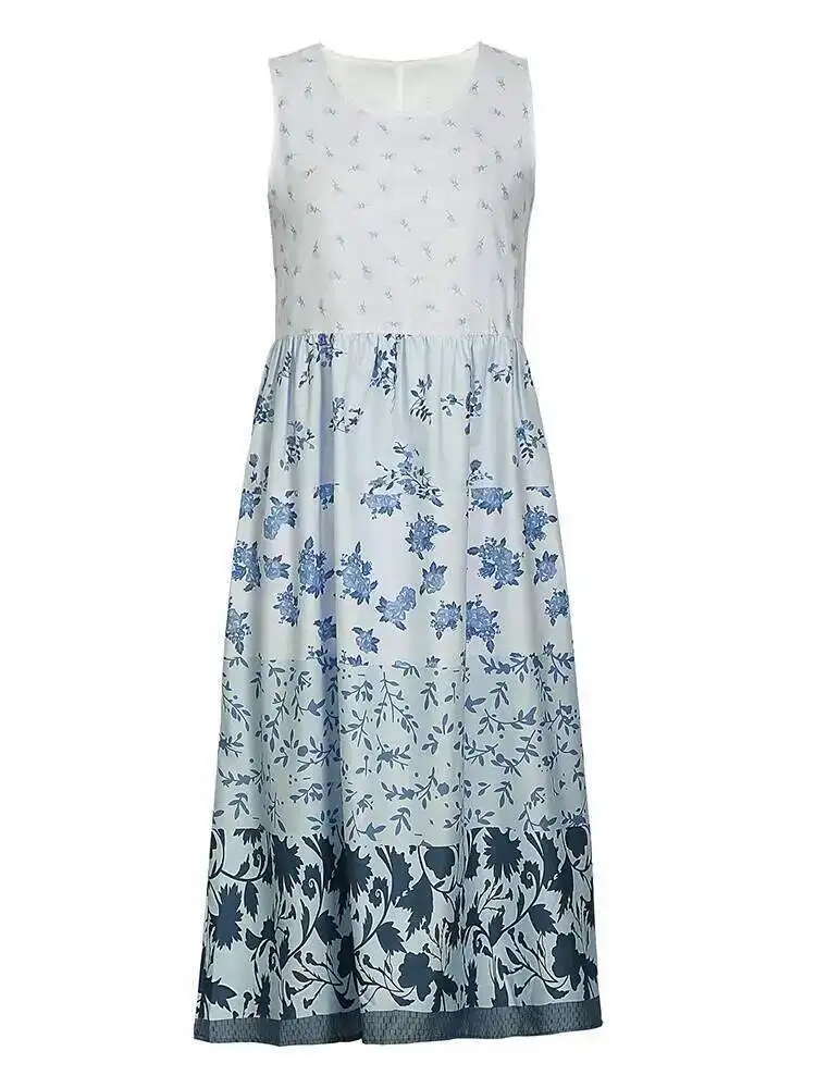 Plus Size Casual Damen Midikleid Sommer Neue Blumenmuster Ärmellos Flacher Ausschnitt A-Linie Böhmische Strandkleider