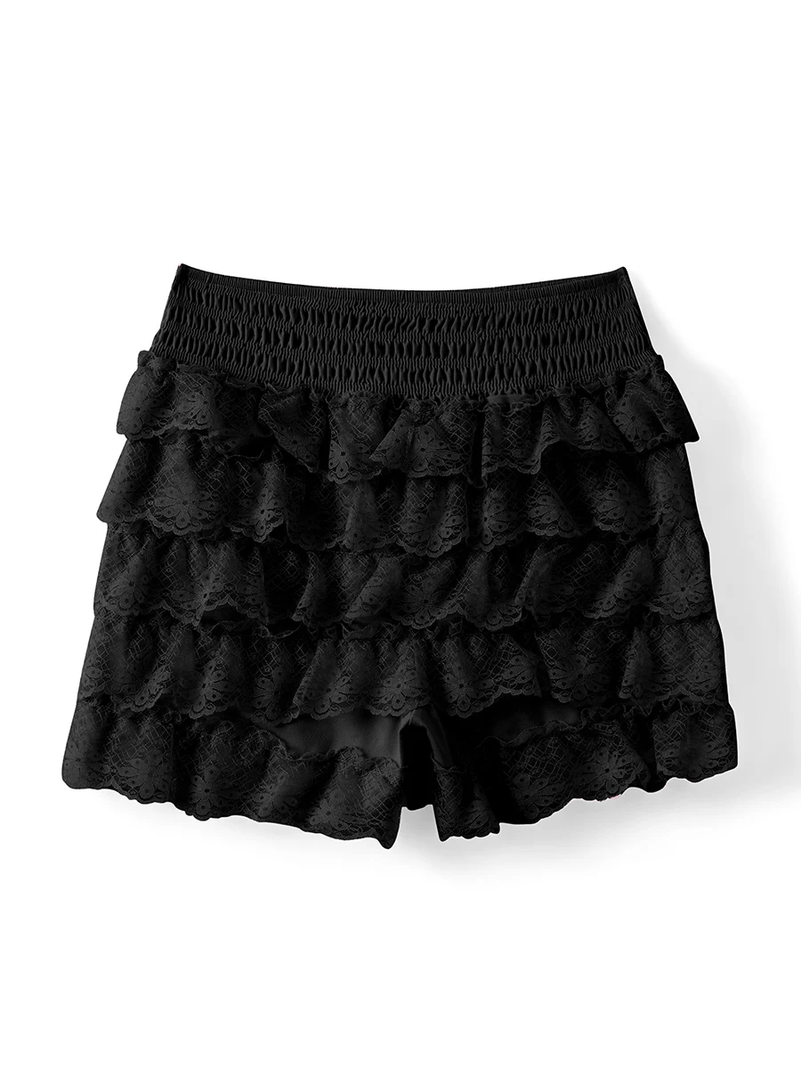 Women s Floral Lace Lingerie Shorts Elastic Waist Tiered Ruffled Bodycon Short Pants