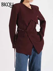 BKQU Elegant Lace Up Slim Blazer For Women Irregular Spliced V-neck Long Sleeve Wine Red Jackets 2025 Spring New Fashion Outwear