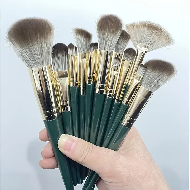 Luxe 14-delige make-upborstelset - Groene professionele penselen voor volledige gezichts- en oogdetails - Ideaal cadeau, contouren en blenden