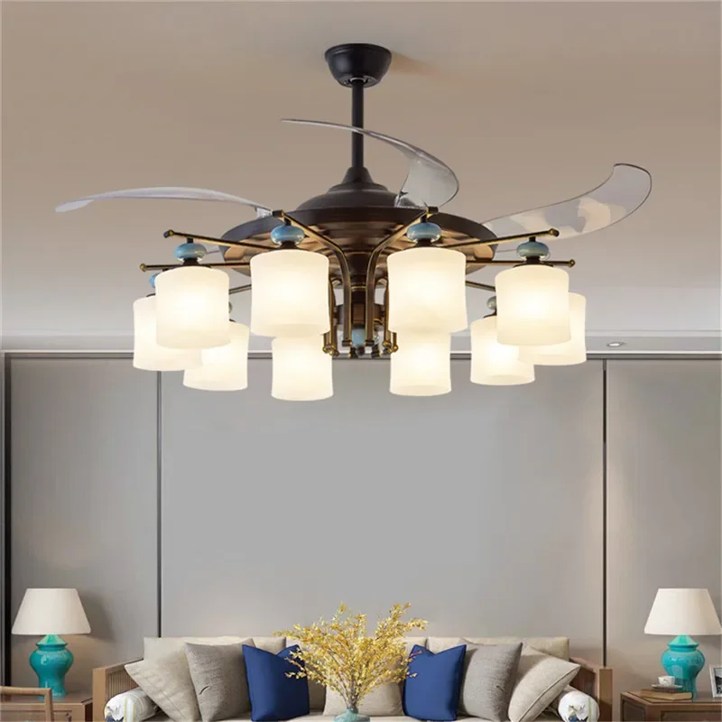 Hongcui Modern Stealth Fan Light Luxury Living Room Restaurant Bedroom Ceiling Fan Light Remote LED Electric Fan Light