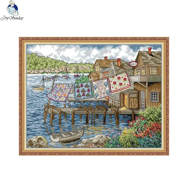 Joy Sunday Seaside Living Scenery Cross Stitch Kit DIY Hand Embroidery 14CT 11CT White Canvas Print Fabric Sewing Set Home Decor