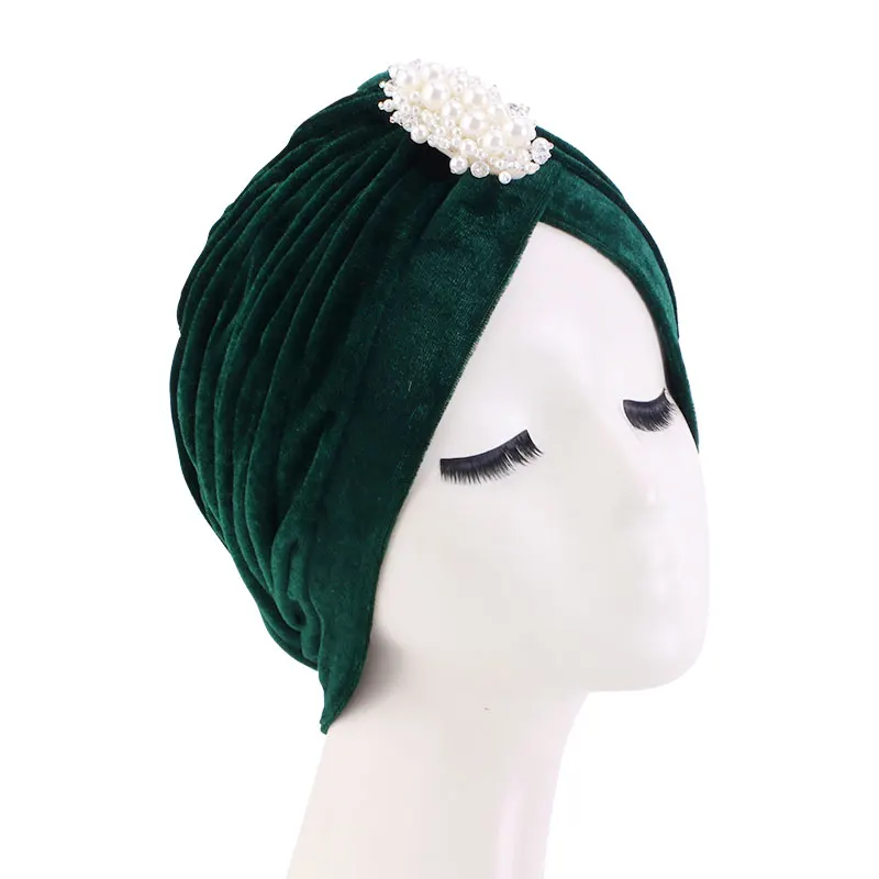 Chapeau Turban en velours pour femmes, perle torsadé, couleur unie, Hijab, chimio, Vintage, couvre-chef élégant