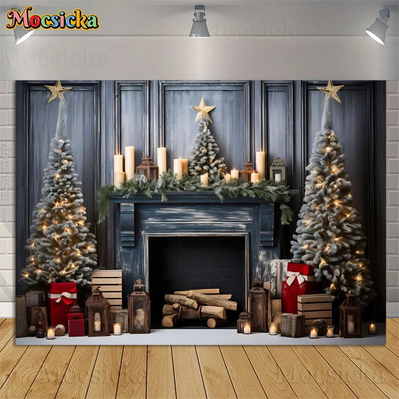 Xmas Fireplace Backdrop Photography Blue Retro Wooden Door Christmas Tree Gift Decor Props Kids Portrait Photo Background Studio