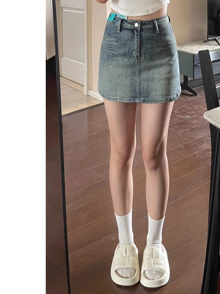 

Retro Waed High Waist A-Line Skirt Women's Thin Denim Skirts Summer ort Skirts Korean Sle Anti-Light Weight Loss