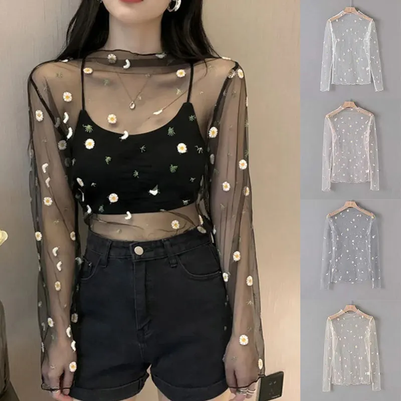 Sexy Women Transparent Mesh Tops Lace Long Sleeve Sheer Slim Ladies Turtleneck Floral Daisy T-shirts See Through Tees New Tops