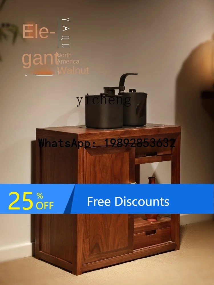 

Household Tea Cabinet North America Black Walnut Solid Wood Kettle Integrated Mobile Small Tea Trolley