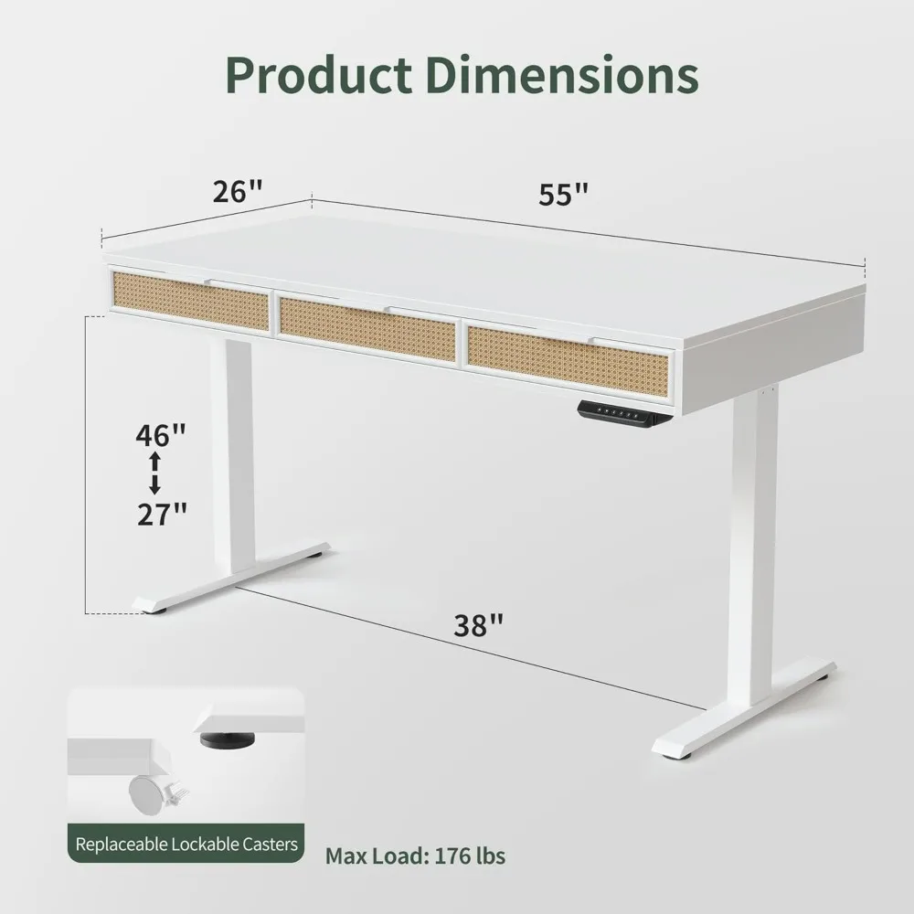 مكتب قائم كهربائي قابل للتعديل بارتفاع طراز بوهو مقاس 55 × 26 بوصة مع 3 أدراج من الروطان، مكتب قائم مع مساحة تخزين كبيرة، #3