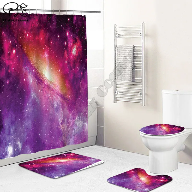 Galaxy Bathroom Set Together Shower Curtain Rug Set Bathroom Mats Rugs Toilet Decor Mat 3D Printed