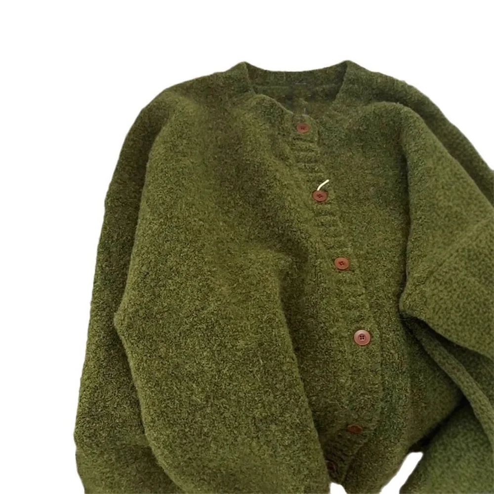 

Retro Green Knitted Cardigan Women's New Autumn Winter Round Neck Single Breasted Soft Thick Sweater Loose Casual Basic Coat