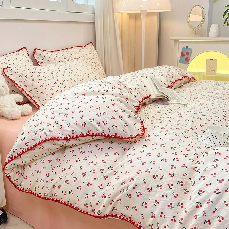 Cherry Queen Bedding Set,Dormitory Home Soft Washed Cotton Bed Sheets Pillowcases,Moisture Absorbing,Breathable,Machine Washable