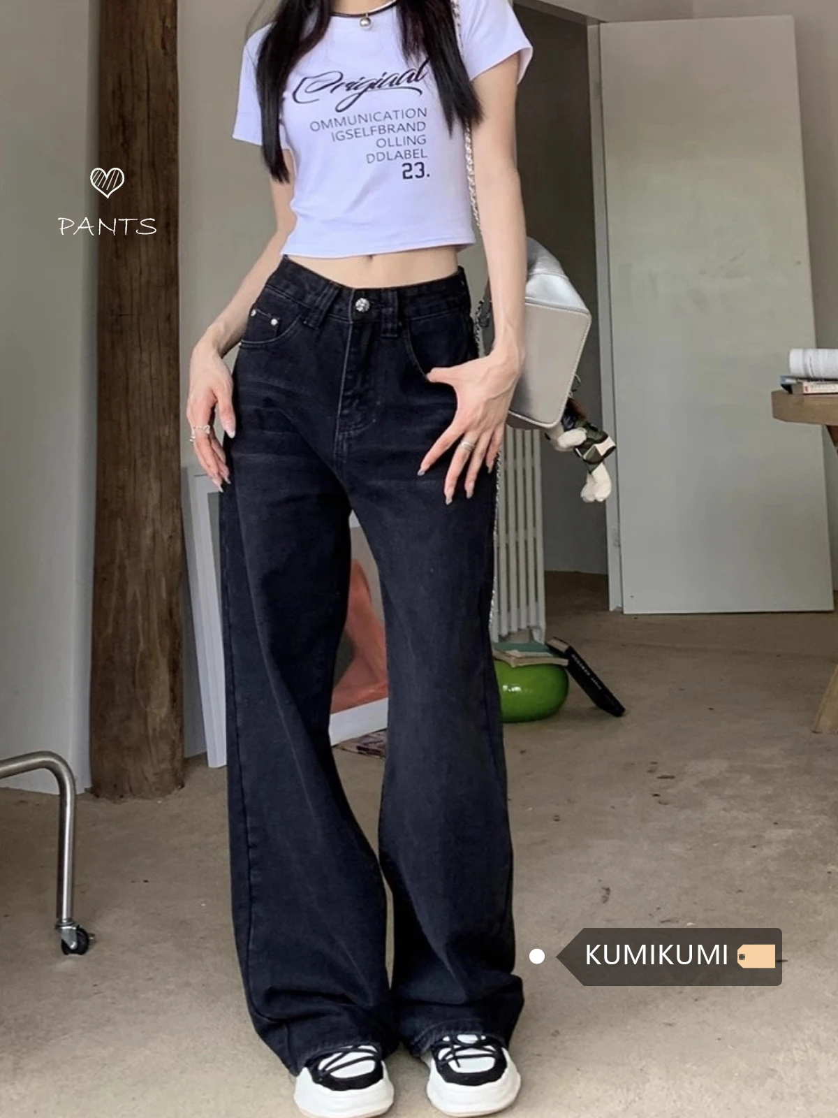 جينز للنساء بخصر عالٍ مقاس كبير وشكل متعرج كبير مريح أساسي بسيط للاستخدام اليومي متعدد الاستخدامات وعملي ثقيل كامل