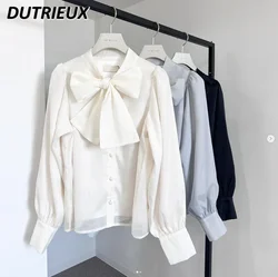 Pure Color All-Matching Bottoming Shirt Spring Autumn New Japanese Style Long Sleeve Lace-up Bow Simple All-Match Commute Top