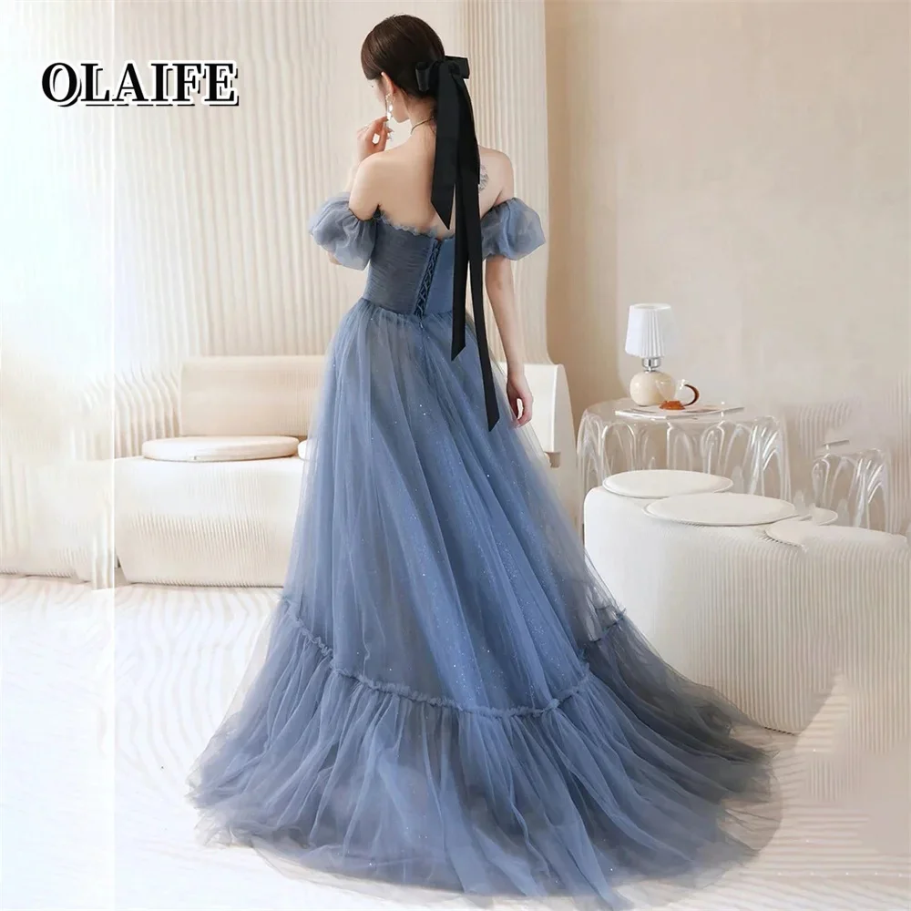 Vestido formal linha a azul real, vestido de festa de tule para casamento, renda nas costas, vestido para ocasiões especiais, ombro de fora, robe soirée
