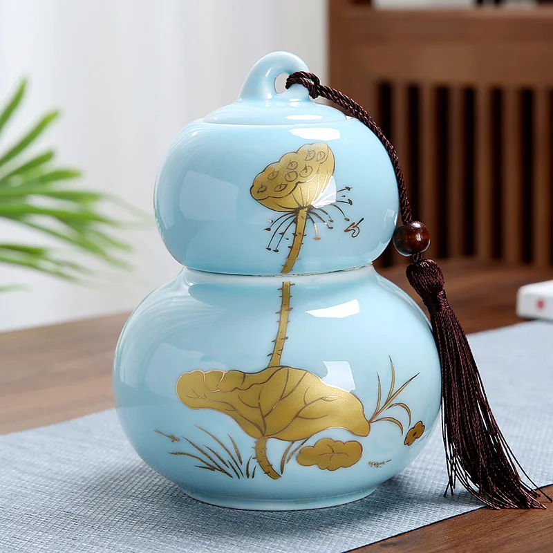 

Creative Double-Layered Ceramic Tea Caddides with Lucky Gourd Design and Gift Box Elegant Ceramic Tea Container with Sealing Lid