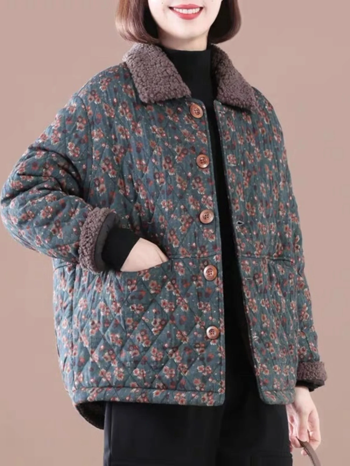 

Thiened Floral Print Fce Lined ort Cotton Jaet Women's Casual Sle Spring Autumn Seasonal Inversion Brand Cotton Coat