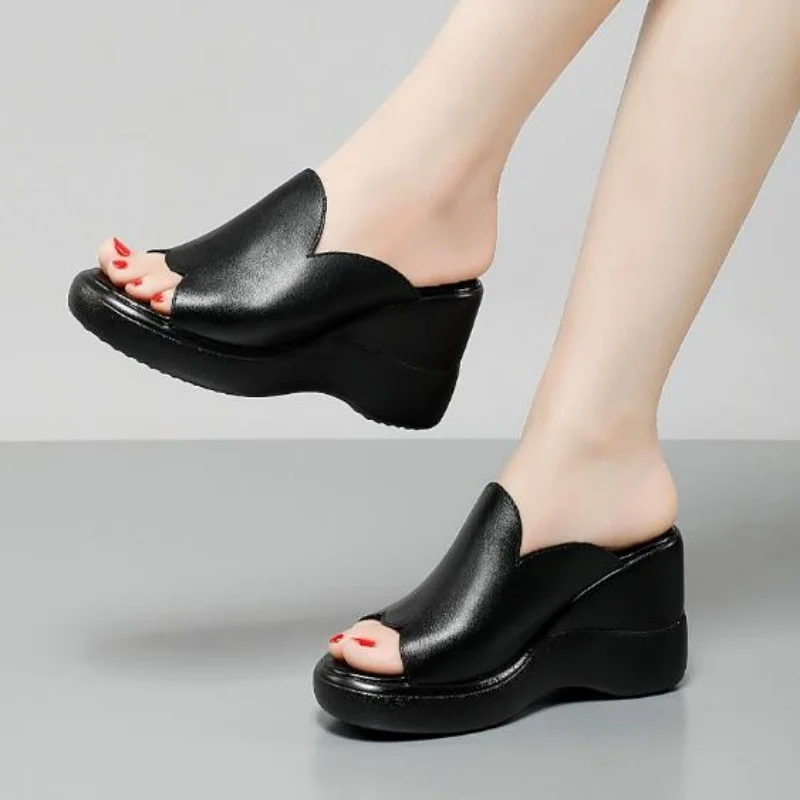 9cm Women Genuine leather Fish Mouth Wedges Slides Platform  Women Slippers High Heels Cow Skin Pumps Beach Sandals 32-43