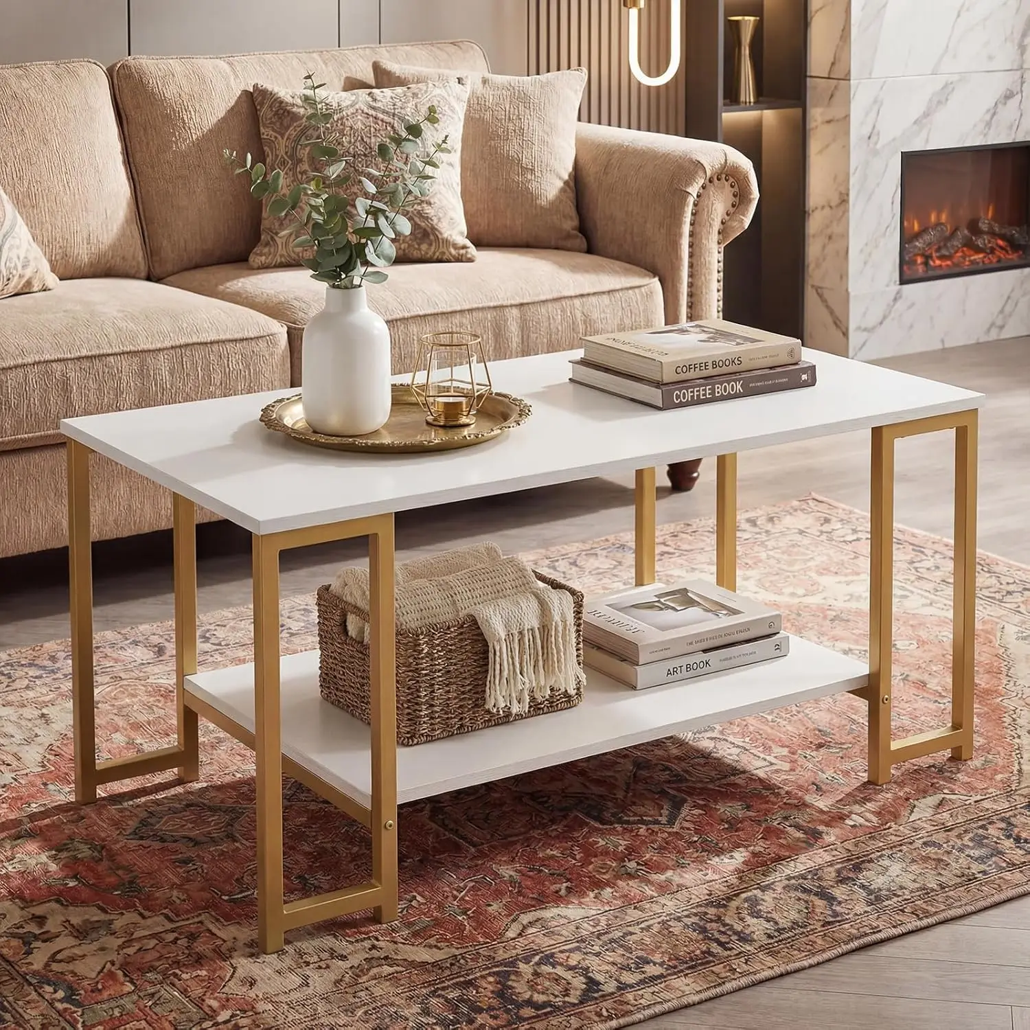 

2-Tier Coffee Table with Storage, 39.5" Rectangular Center Table with Heavy-Duty Metal Frame, Modern Accent, Customized
