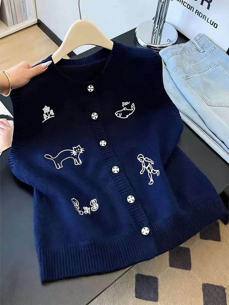 

Ele Embroidered round Ne Svel Knitted Vest Cardigan Women's Anti-Aging Warm Versatile Layering Animal Patterned