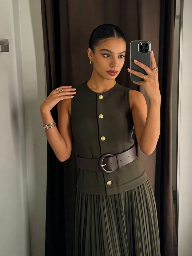 

Женское платье без рукавов с плиссировкой и вставками, новое модное элегантное платье миди с поясом и пуговицами, с декоративной строчкой, женское платье-рубашка