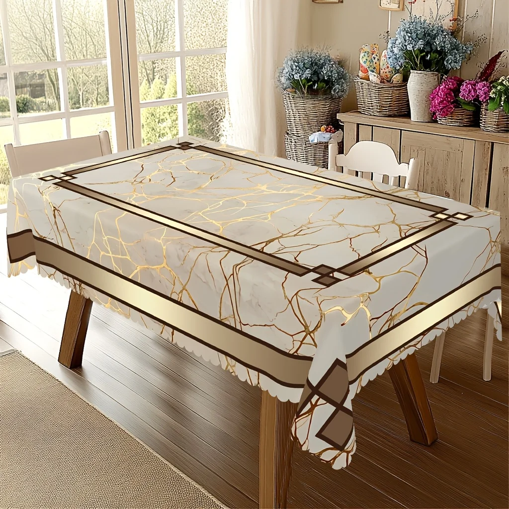 VIKAMA Gold Marble & Geometric Frame Tablecloth, 6 Designs, Rectangle Waterproof Table Cover for Dining