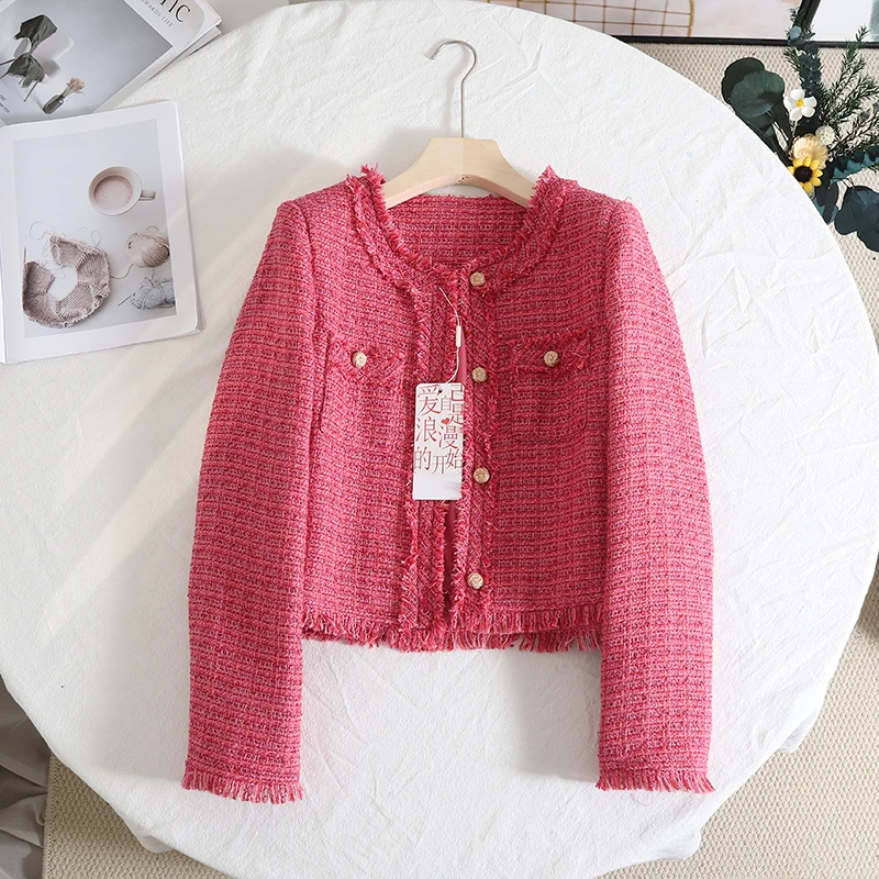 

Female Rose Pink Fragrant Coat 2024 Spring Wear New Woven Tassels Jackets