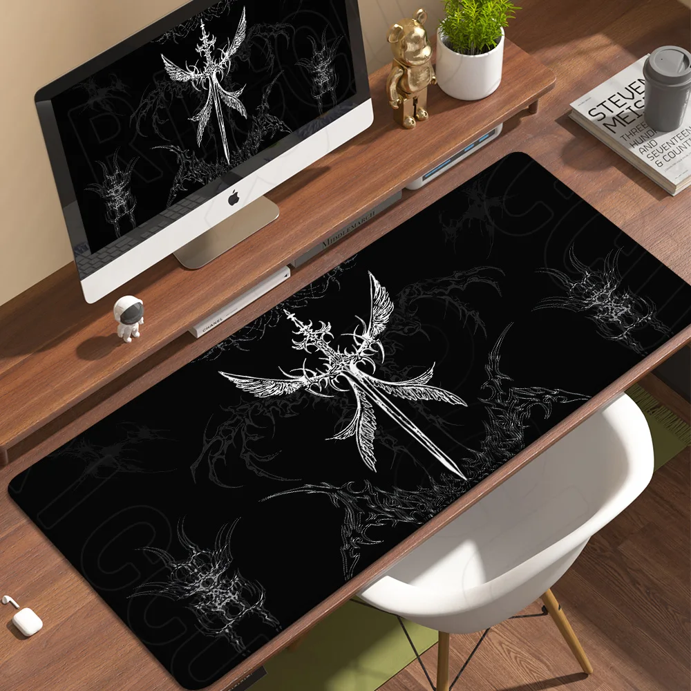 Tapis de souris XXL HD imprimé gothique noir et blanc, antidérapant, en caoutchouc, pour ordinateur de bureau, grand tapis de bureau pour ordinateur portable, tapis de souris
