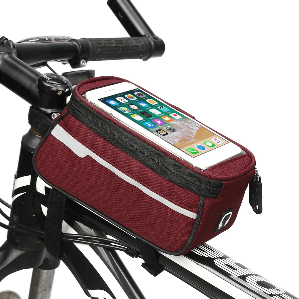 Bike Bag Bicycle Phone Front Frame Bag Waterproof MTB Bike Handlebar Tube Bag with Headphone Hole Touchable Phone Pouch