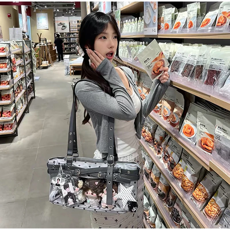 Polka Dot Ita-Tasche mit transparentem Sichtfenster, Damen Anime-Schultertasche, Lolita-Handtasche für Mädchen, Kawaii-Geldbörse mit Gürtelschnallendesign – Detail 13