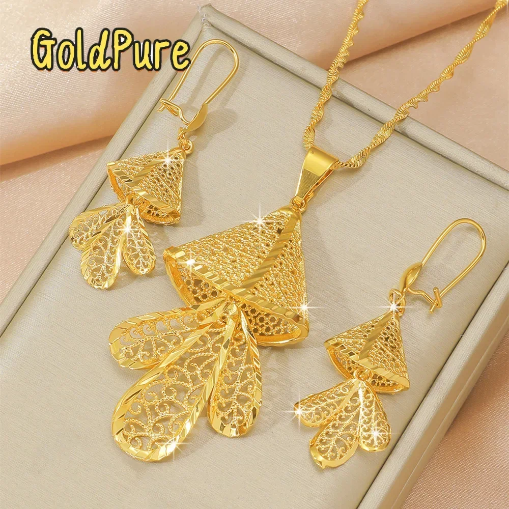 

Goldpure Wedding 9999 24K Real Gold Leaf Flower Necklace Women's Earring Set Pendantsgift