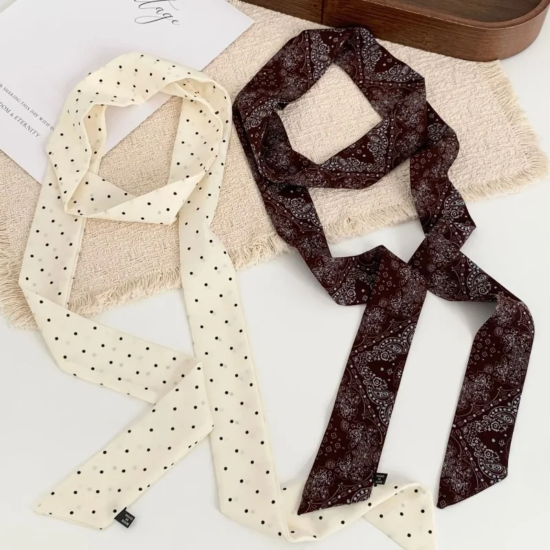 Long Polka Dot Skinny Scarf for Women Vintage Retro Ribbon Tie for Neck Bag Wrap Belt Soft Lightweight Versatile Daily Accessory