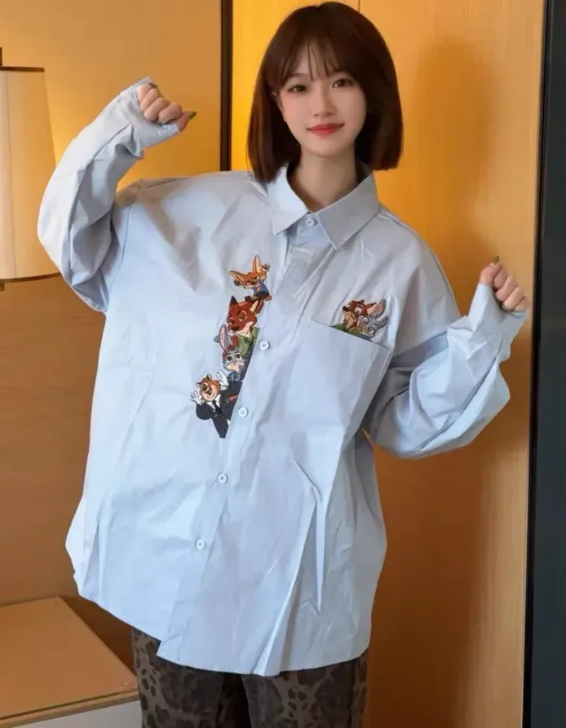 Lente Zomer Nieuw Shirt Creatief Plezier Cartoon Borduren Blouse Amerikaanse Stijl Trendy Casual Shirt Dames Dame