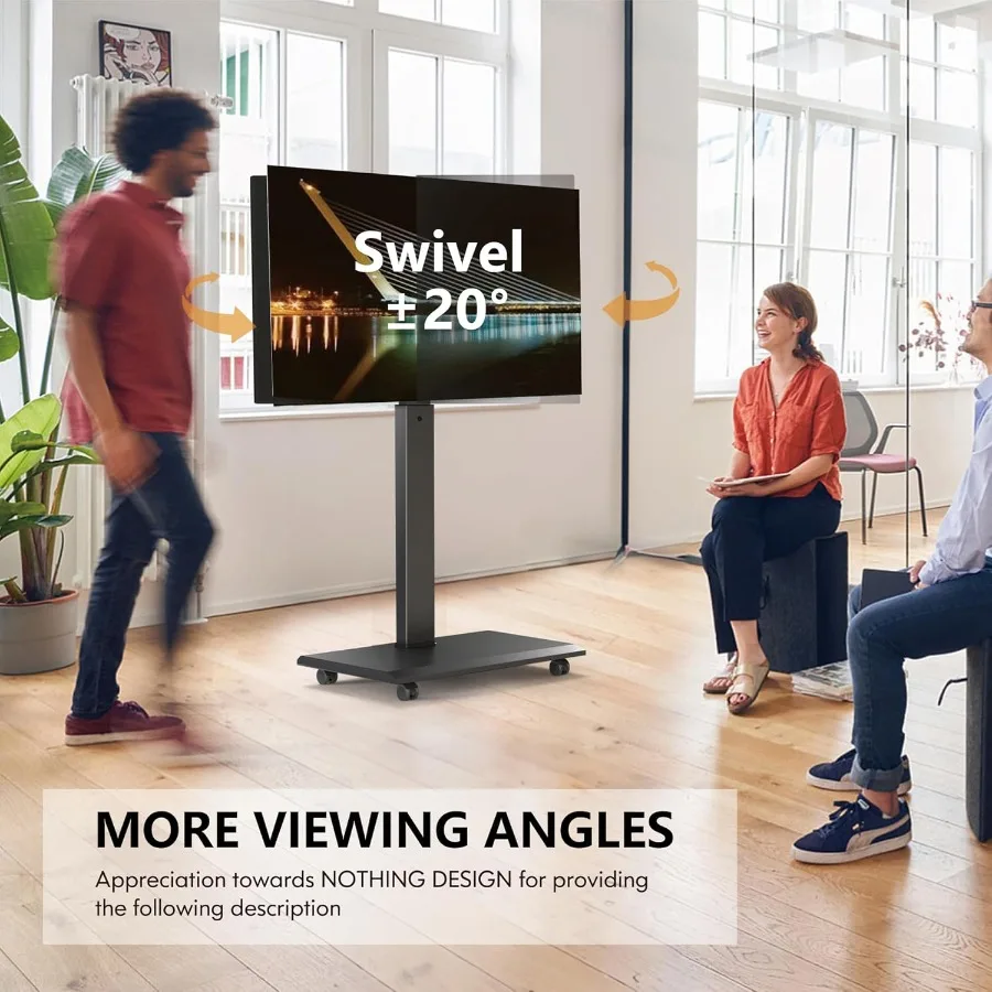 عربة تلفزيون متنقلة محمولة على عجلات لأجهزة التلفاز مقاس 32 إلى 65 70 75 بوصة في المناظر الطبيعية وتوجيه الصورة مع 40 لضبط ارتفاع دوار