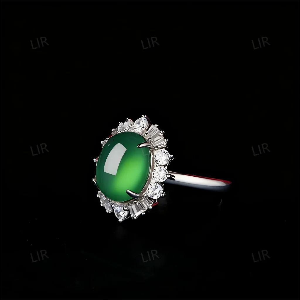 خاتم LIR المفتوح للسيدات: العقيق الأخضر الطبيعي الكبير "الكوكب اللامع" |   تتضمن شهادة اليشم