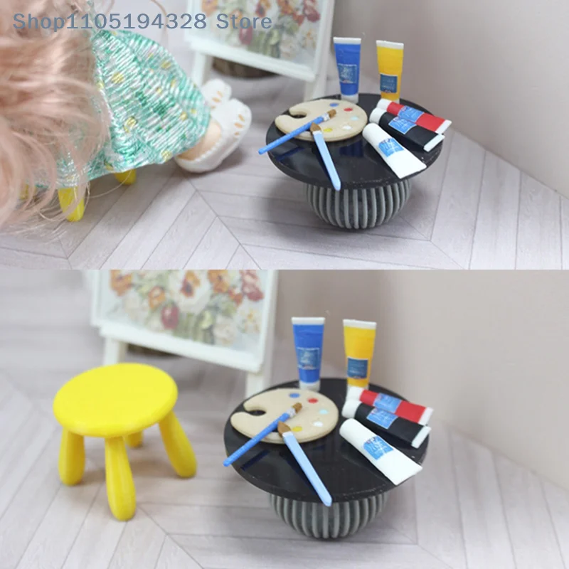 [YA]1/12 Dollhouse Mini Pigment Tube Paint Brush Palette Model Dollhouse Draw Room Art Supplies Decor Dolls House Accessories