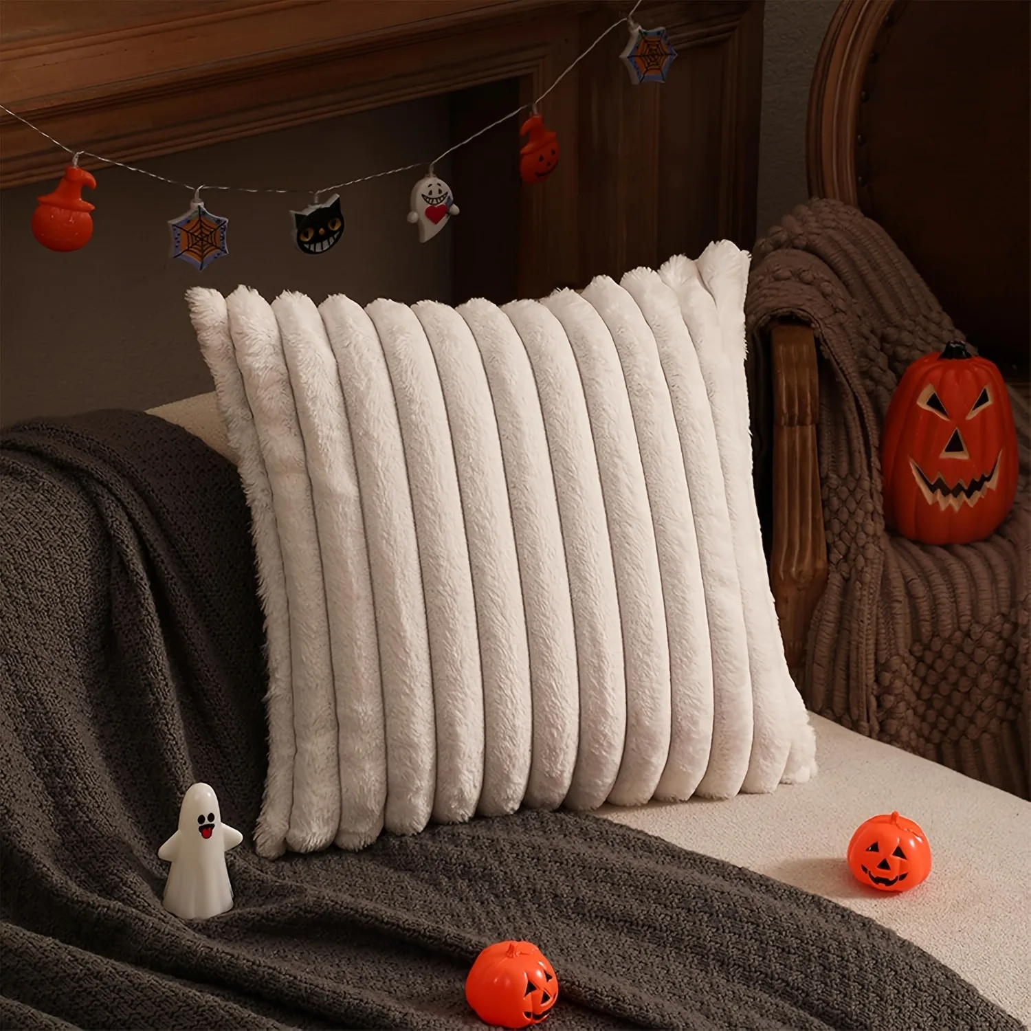 Faux Fur Plush Christmas Throw Pillow Covers 18x18 Luxury Soft Fluffy Striped Decor Pillow Covers for Sofa, Couch, Living Room