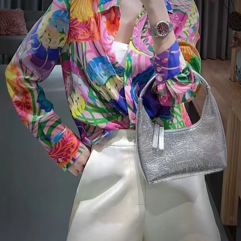 Vintage Printed Lapel Loose All-match Tie Dye Shirt Female Clothing 2023 Autumn New Commute Tops Long Sleeve Casual Blouse