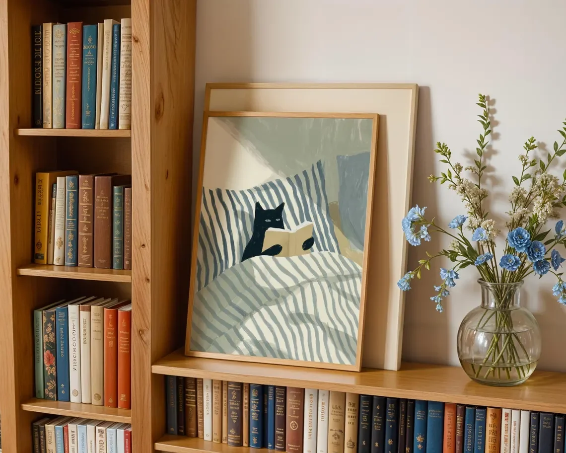 Cat Reading Print – Black Cat Wall Art, Cosy Bedroom Poster, Book Lover Cat Illustration, In Bed Print, Reading Decor, Cozy image 5