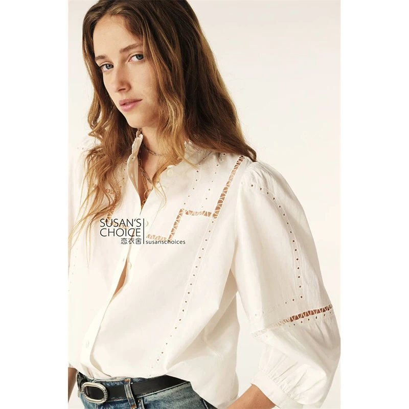 Susan Faion principios de primavera nuevo algodón bordado ahuecado suelto blanco irt Top de mujer tubo recto largo Sve Stand Co...