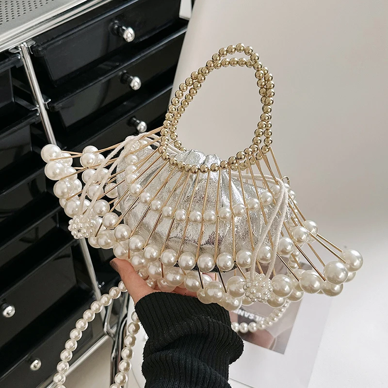 Luxury Silver Pearl Evening Clutch Bag For Women Party Wedding Designer Handbag Purse Female Hollow Out Shoulder Crossbody Bag