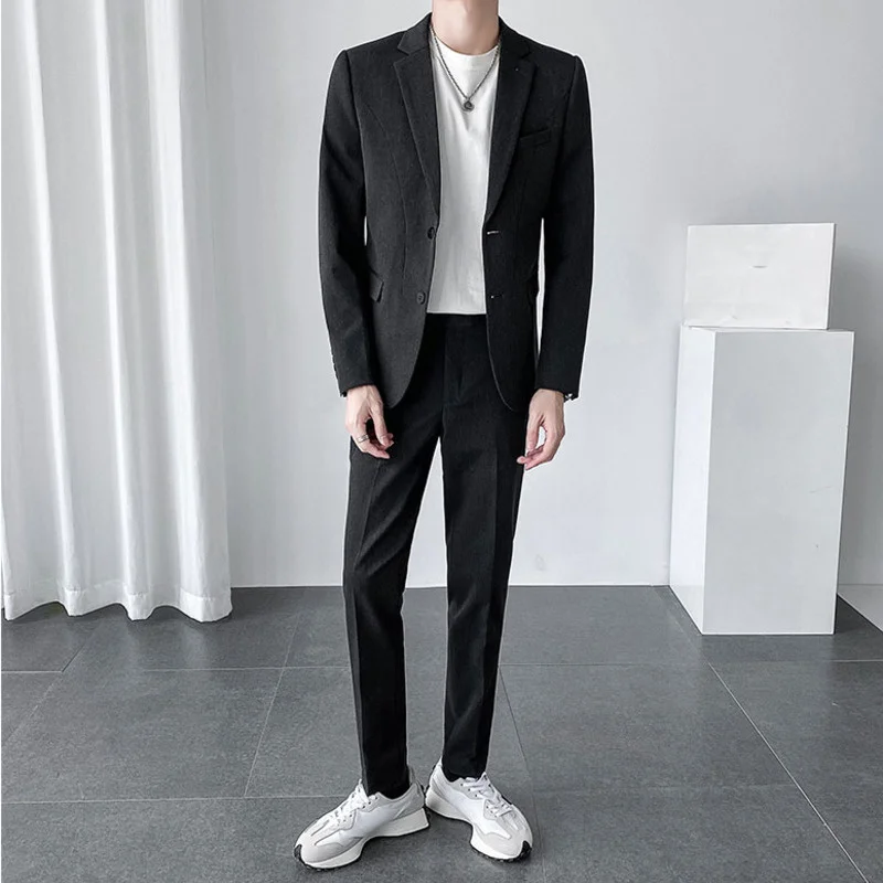 Clothing Men's Trend Casual Handsome Two-piece Suit Men's British Wedding Dress Black Grey Slim Fashion Clothes 2Y2872