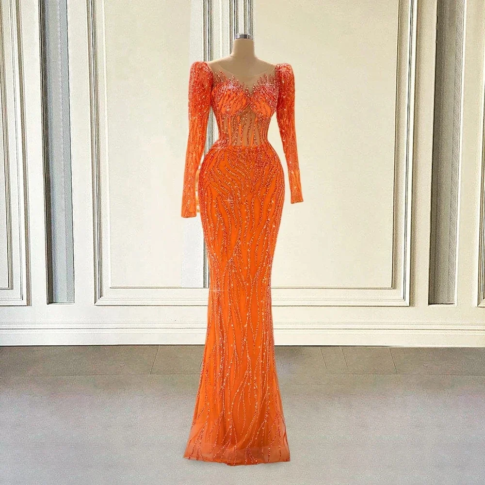 Glitzernde orangefarbene Abendkleider im Meerjungfrau-Stil mit langen Ärmeln und Perlenverzierung, Robe De Soiree, Abschlussballkleid, maßgeschneidert für den Nahen Osten, Saudi-Arabien, Dubai