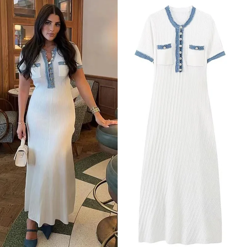 

Платье-Макси женское трикотажное с коротким рукавом, на пуговицах