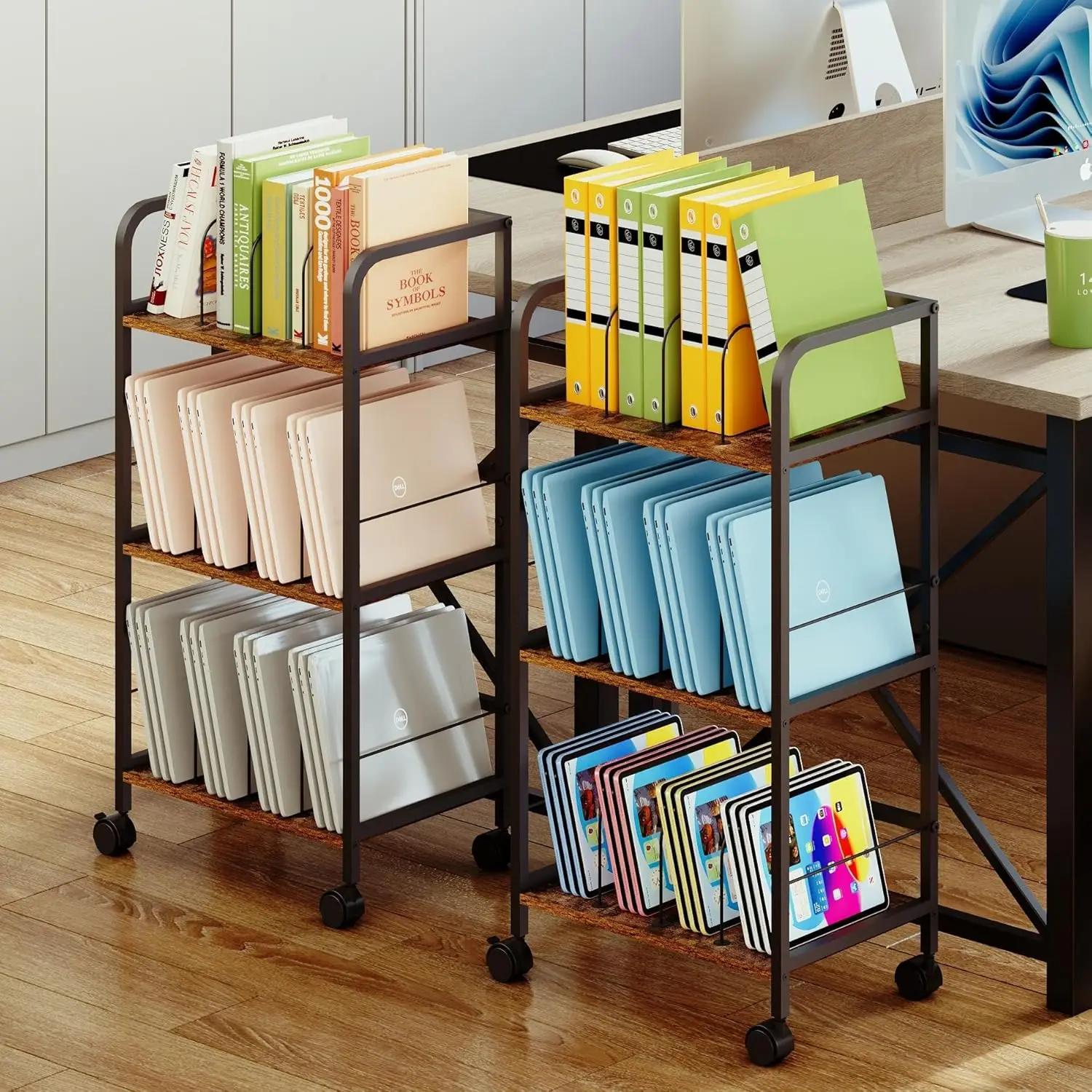 

3-Tier Rolling Book Cart with Removable Dividers, Wheels for Office, Home, Classroom Storage and Organizer